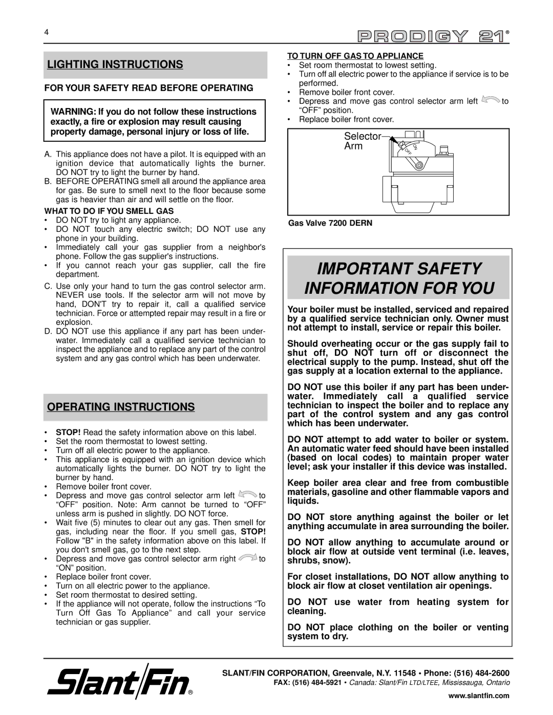 Slant/Fin KC-90, KC-45 manual Important Safety Information for YOU, Lighting Instructions, Operating Instructions 