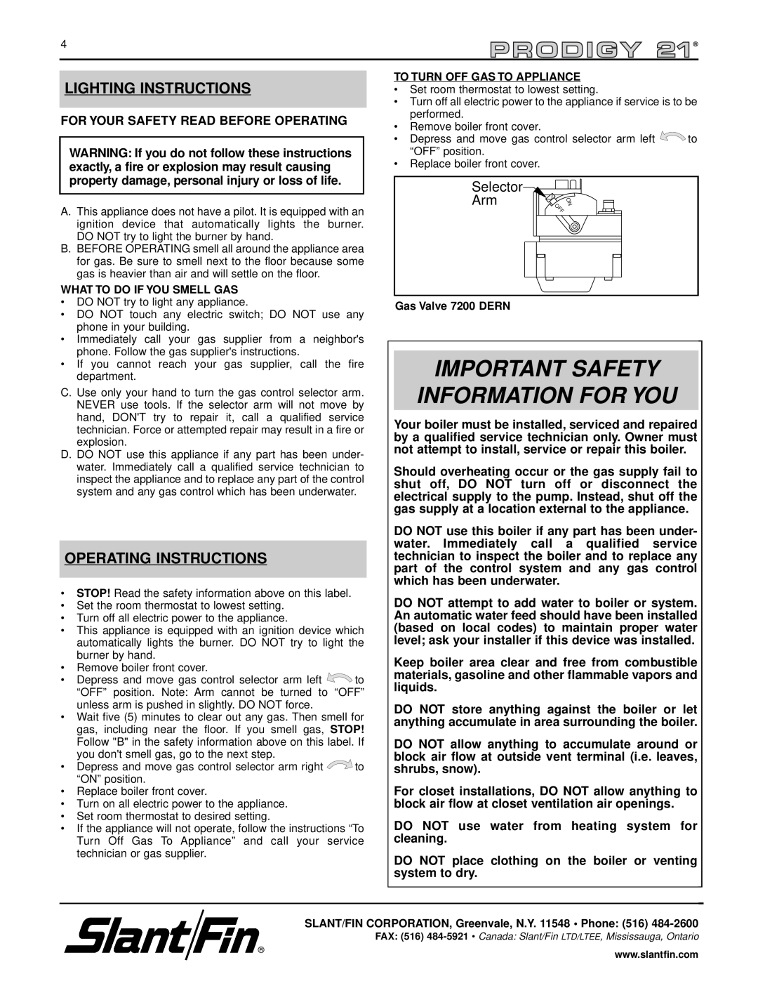 Slant/Fin KC-90, KC-45 manual Important Safety Information For You, Lighting Instructions, Operating Instructions, Selector 