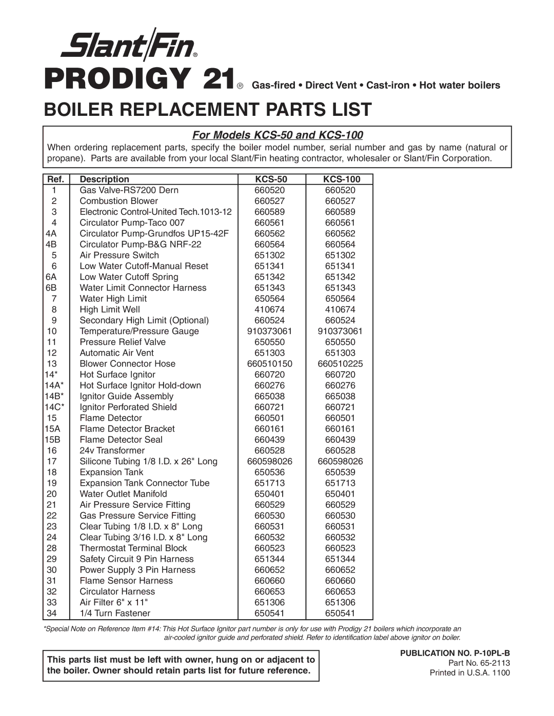 Slant/Fin KCS100, KCS50 manual Boiler Replacement Parts List, Description KCS-50 KCS-100 