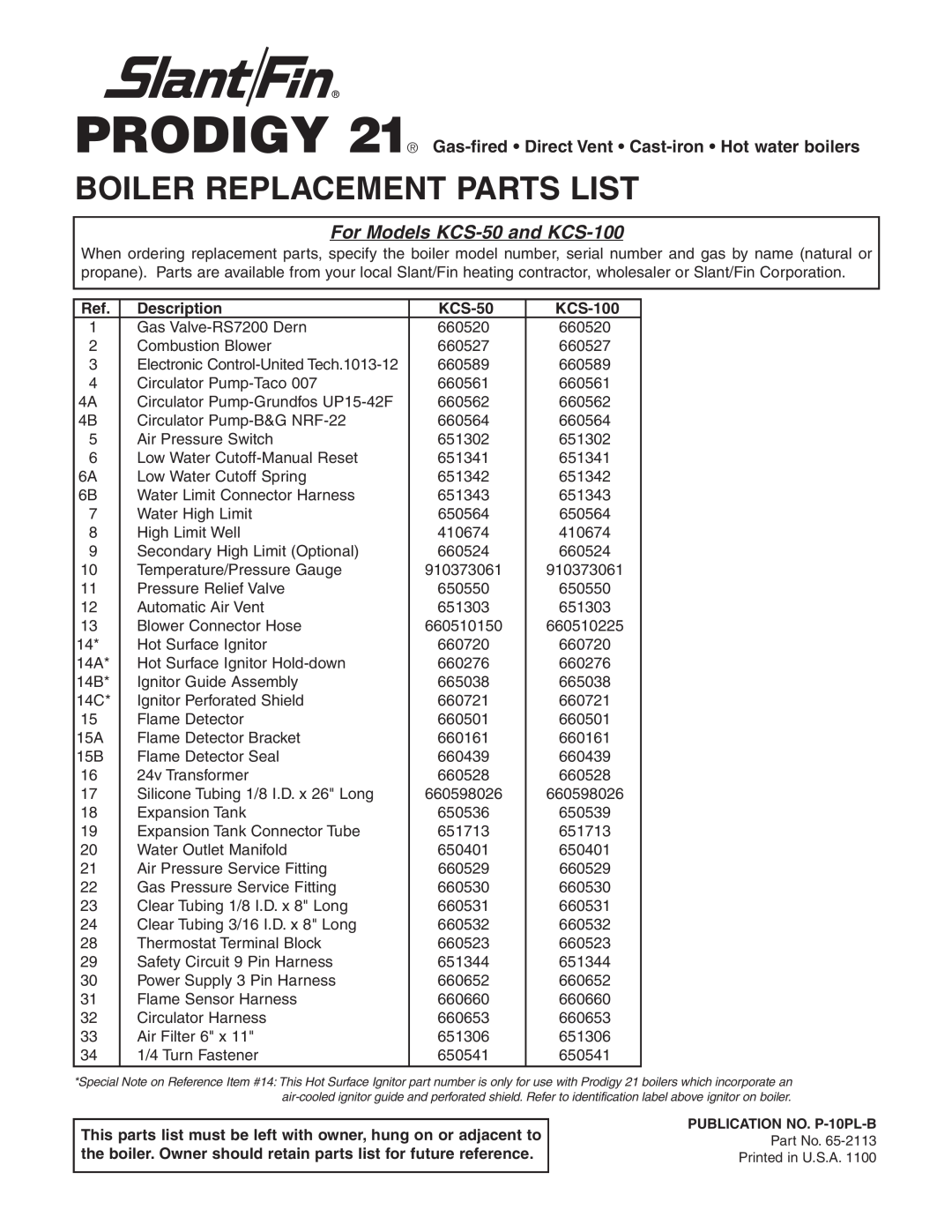 Slant/Fin KCS100, KCS50 manual Boiler Replacement Parts List, For Models KCS-50and KCS-100 