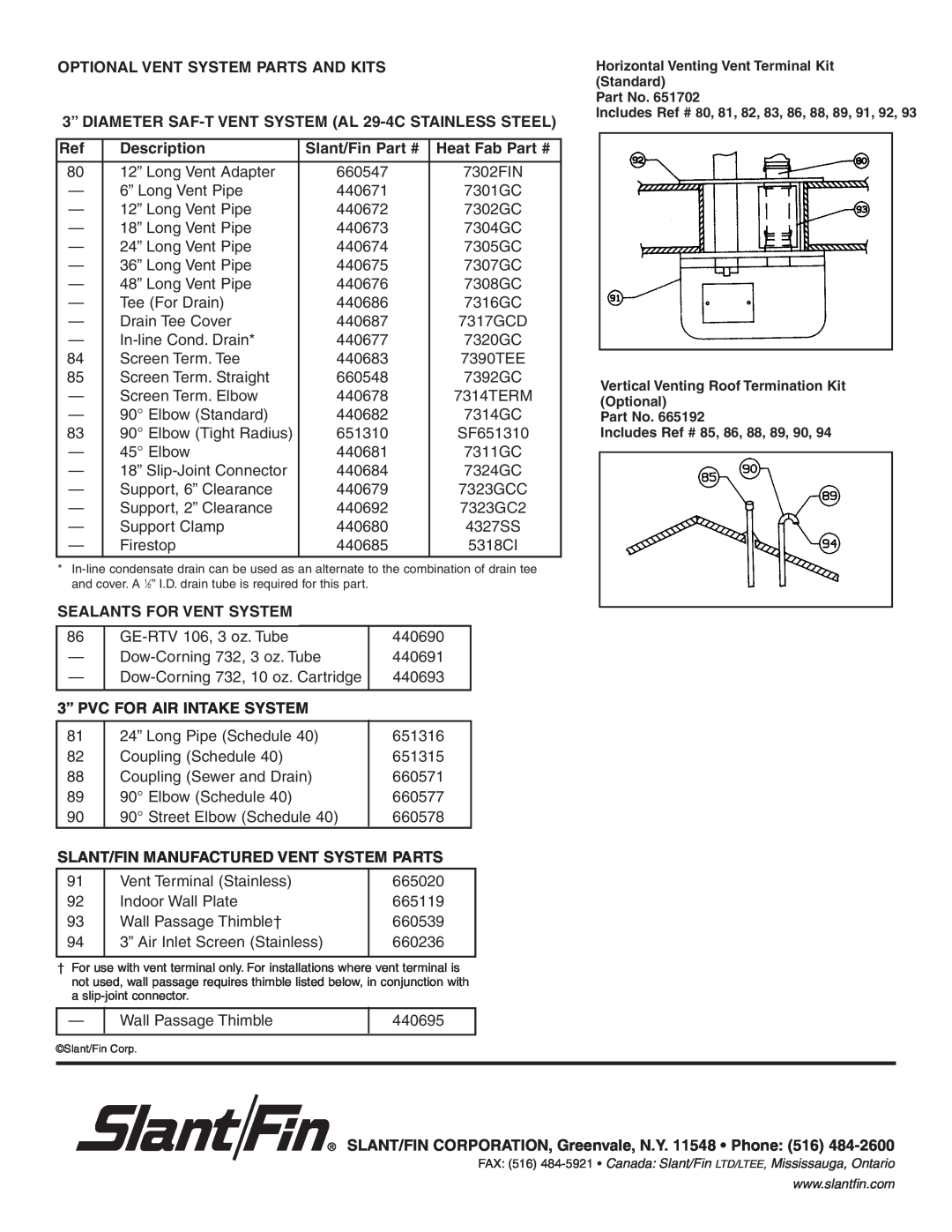 Slant/Fin KCS50, KCS100 manual Optional Vent System Parts And Kits 