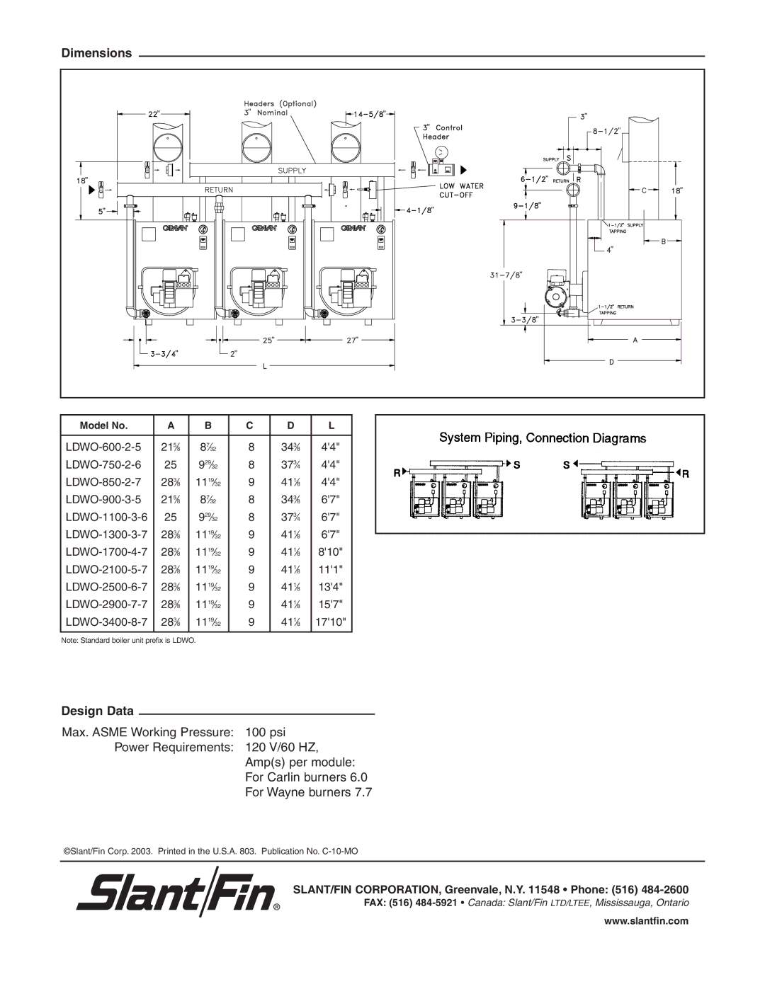 Slant/Fin LDWO SERIES manual Dimensions, Design Data 