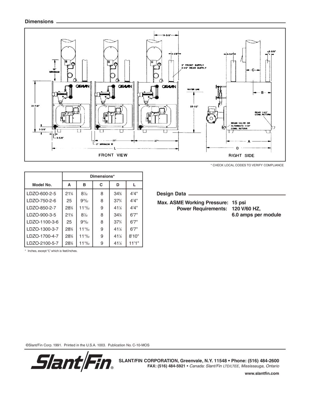 Slant/Fin LDZO Series dimensions Dimensions 