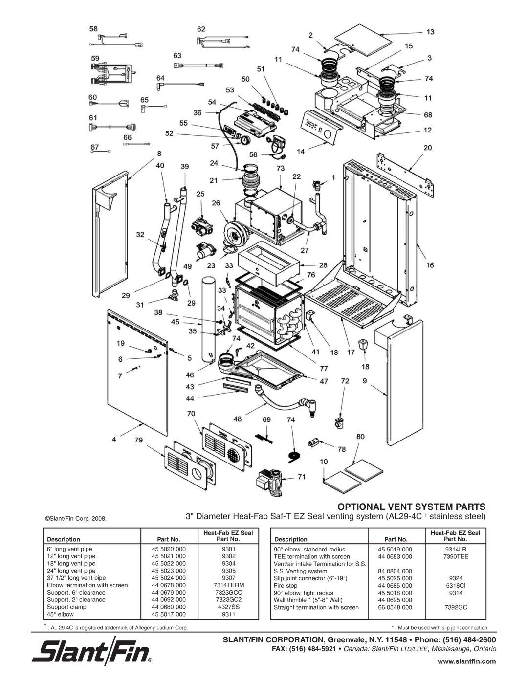 Slant/Fin LX-85A manual Optional Vent System Parts, SLANT/FIN CORPORATION, Greenvale, N.Y Phone 516, Heat-Fab EZ Seal 