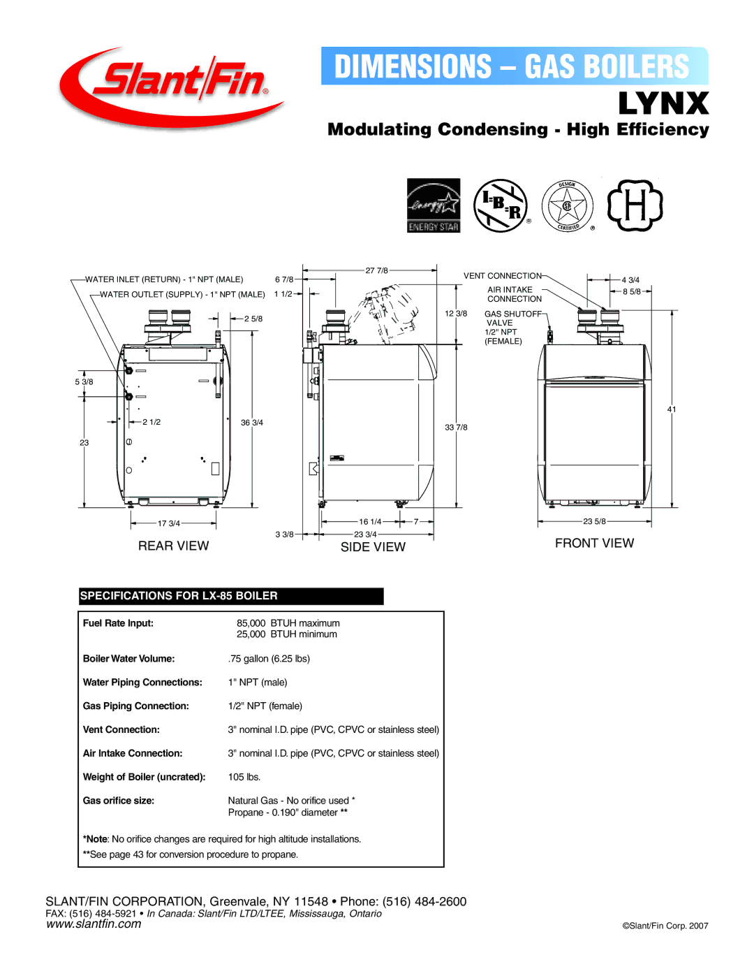 Slant/Fin Lynx dimensions Modulating Condensing High Efficiency, Rear View, Side View, Front View 