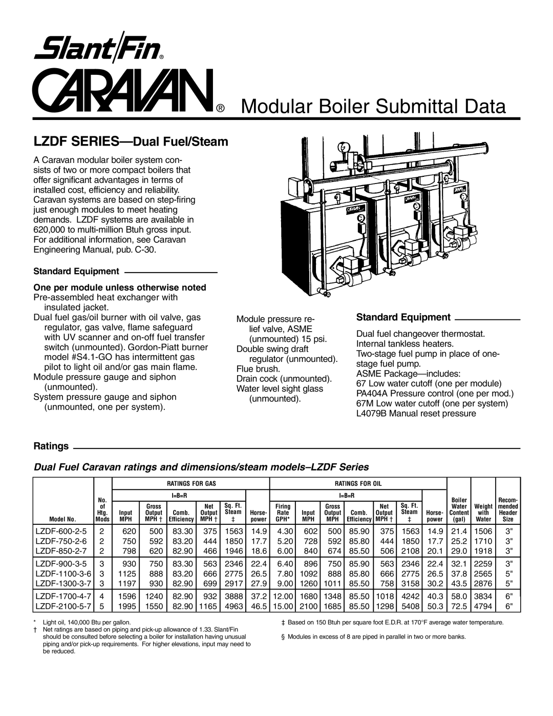 Slant/Fin LZDF series dimensions Modular Boiler Submittal Data, Lzdf SERIES-Dual Fuel/Steam, Standard Equipment, Ratings 