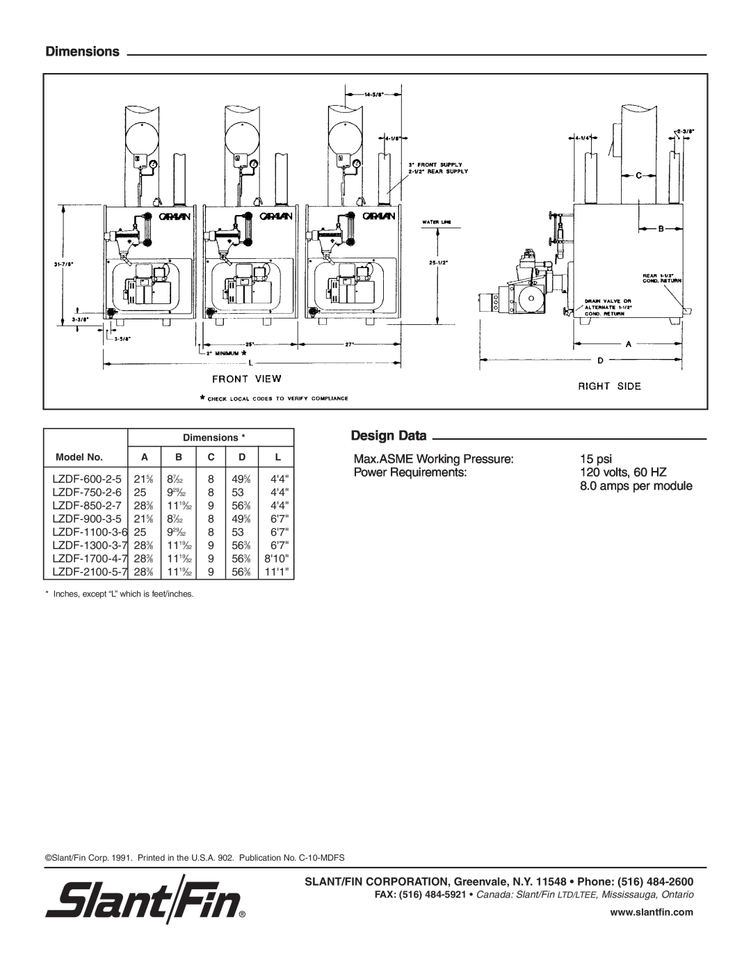 Slant/Fin LZDF series Dimensions, Design Data, Max.ASME Working Pressure, 15 psi, Power Requirements, volts, 60 HZ 