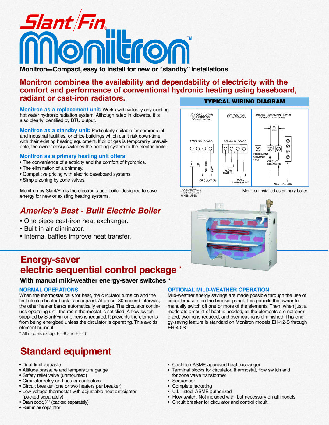 Slant/Fin Monitron EH Boilers manual Energy-saver Electric sequential control package 