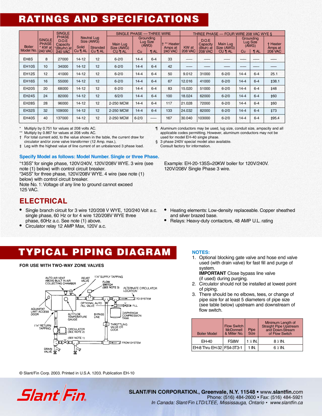 Slant/Fin Monitron EH Boilers manual Ratings and Specifications, Typical Piping Diagram 