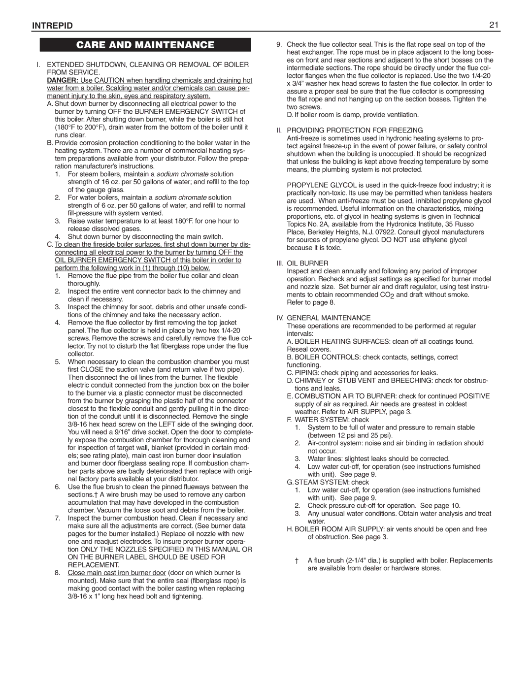 Slant/Fin Oil-fired Boiler dimensions II. Providing Protection for Freezing, III. OIL Burner, IV. General Maintenance 