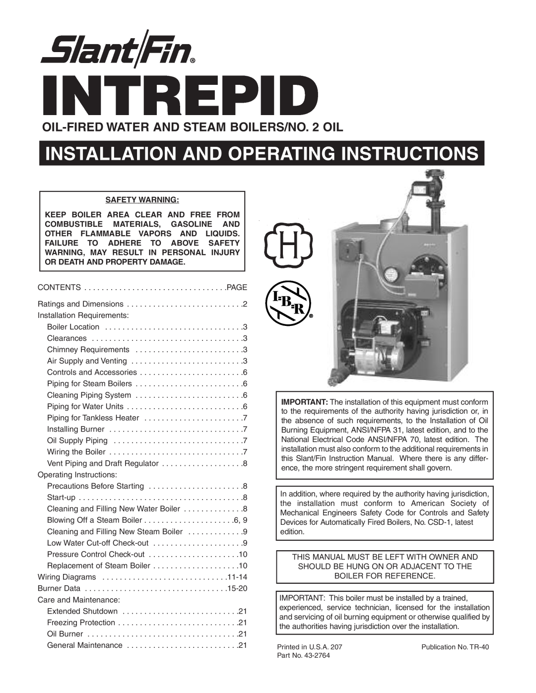 Slant/Fin Oil-fired Boiler dimensions Intrepid, Installation And Operating Instructions, Safety Warning 