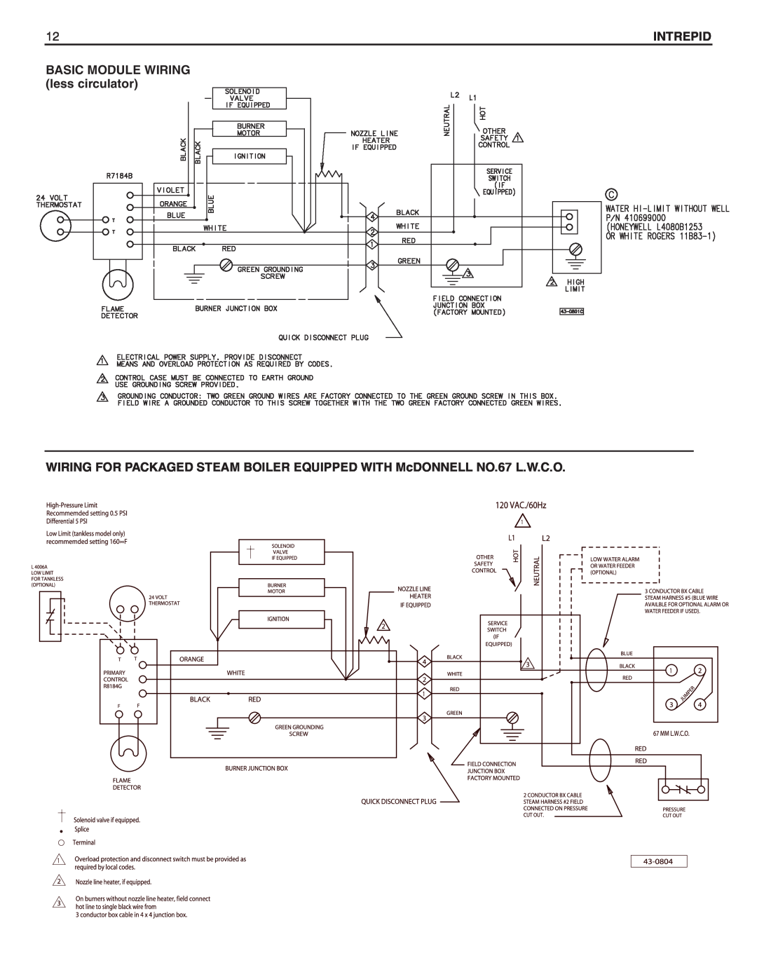 Slant/Fin Oil-fired Boiler dimensions BASIC MODULE WIRING less circulator, Intrepid 