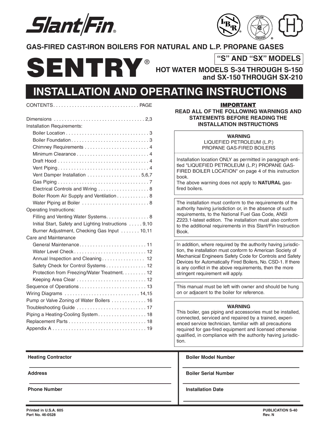 Slant/Fin SX-210 dimensions Installation and Operating Instructions, Liquefied Petroleum L.P Propane GAS-FIRED Boilers 