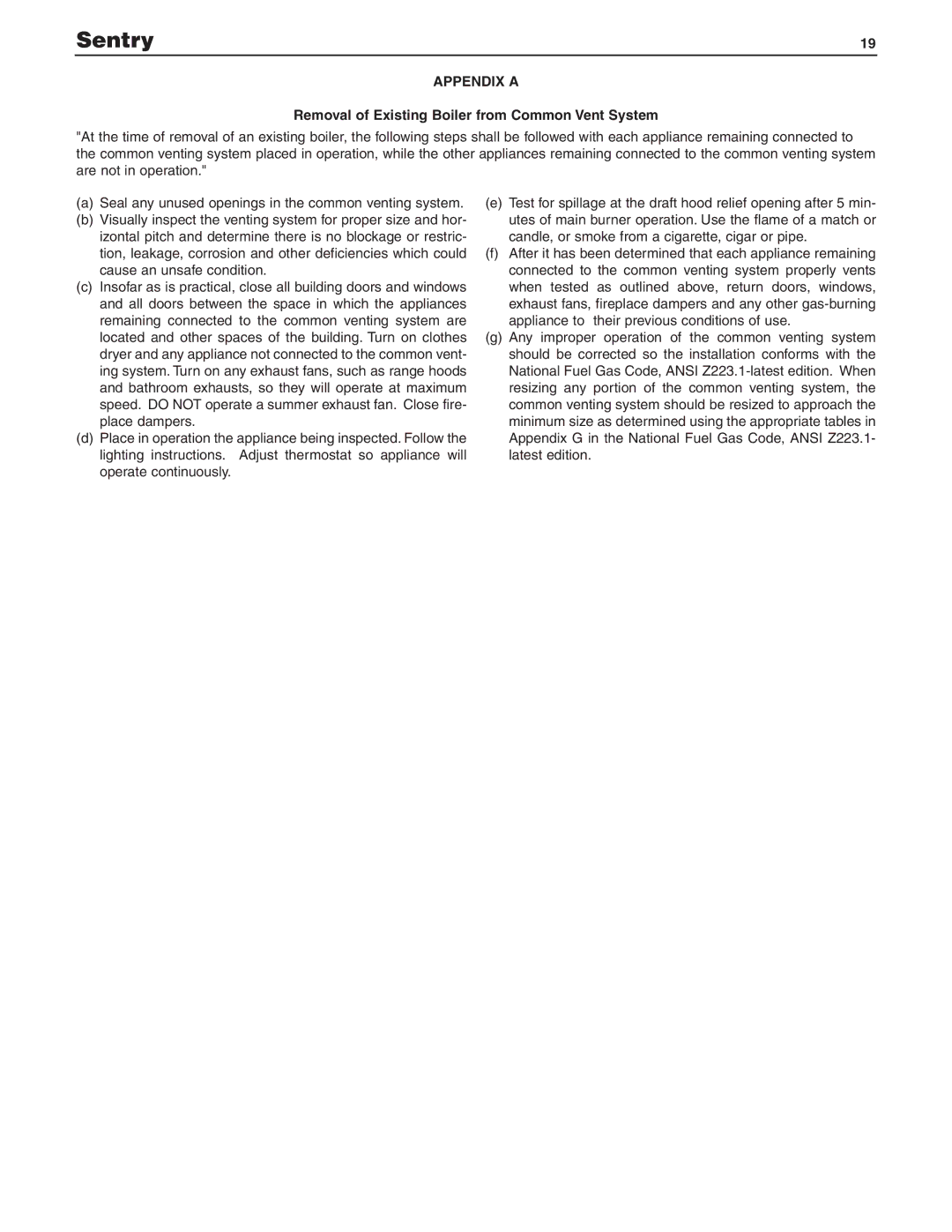 Slant/Fin SX-210, S-150, SX-150 dimensions Appendix a, Removal of Existing Boiler from Common Vent System 