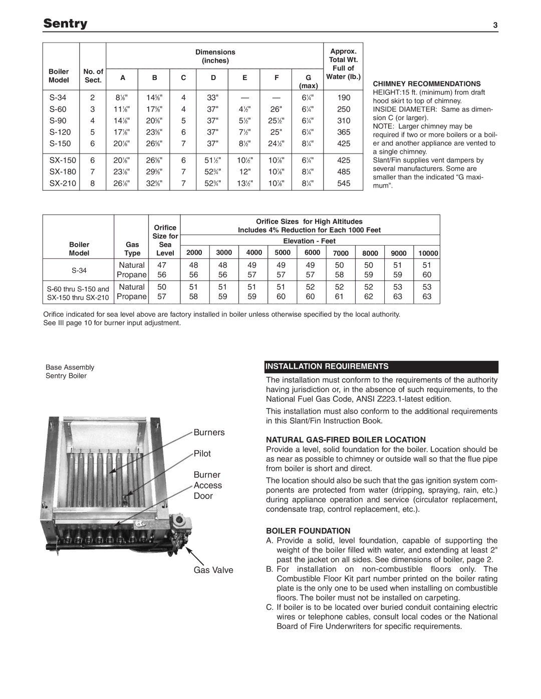 Slant/Fin S-150, SX-210, SX-150 dimensions Natural GAS-FIRED Boiler Location, Boiler Foundation 