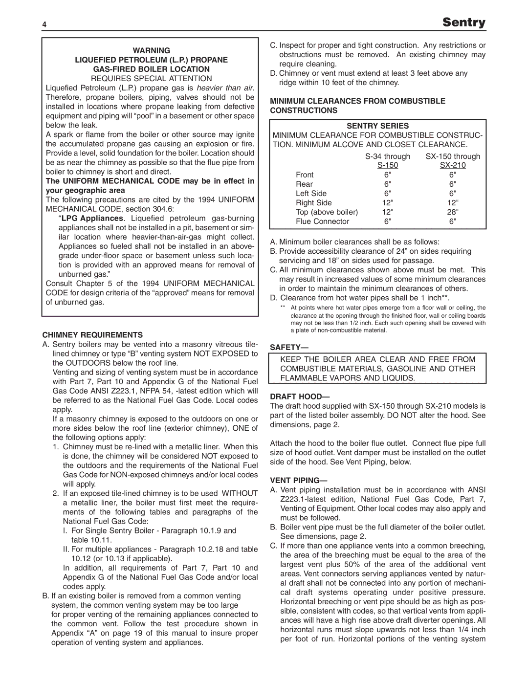 Slant/Fin SX-210 Liquefied Petroleum L.P. Propane GAS-FIRED Boiler Location, Chimney Requirements, Safety, Draft Hood 