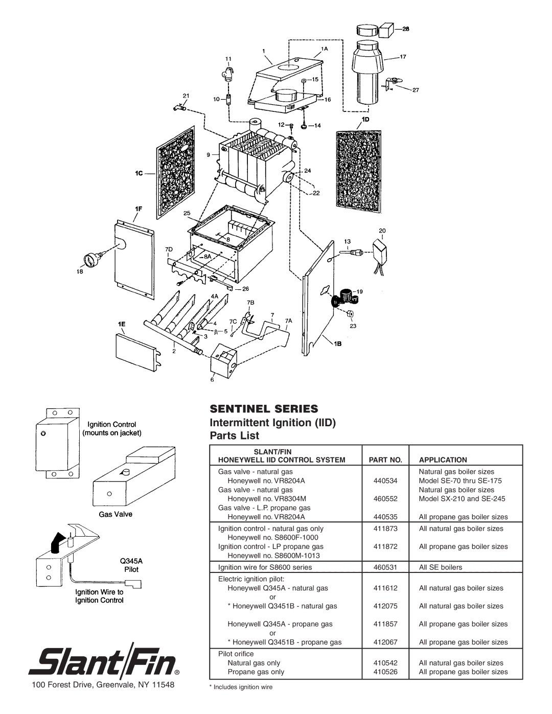 Slant/Fin SE-175 Sentinel Series, Intermittent Ignition IID Parts List, SLANT/FIN Honeywell IID Control System Application 