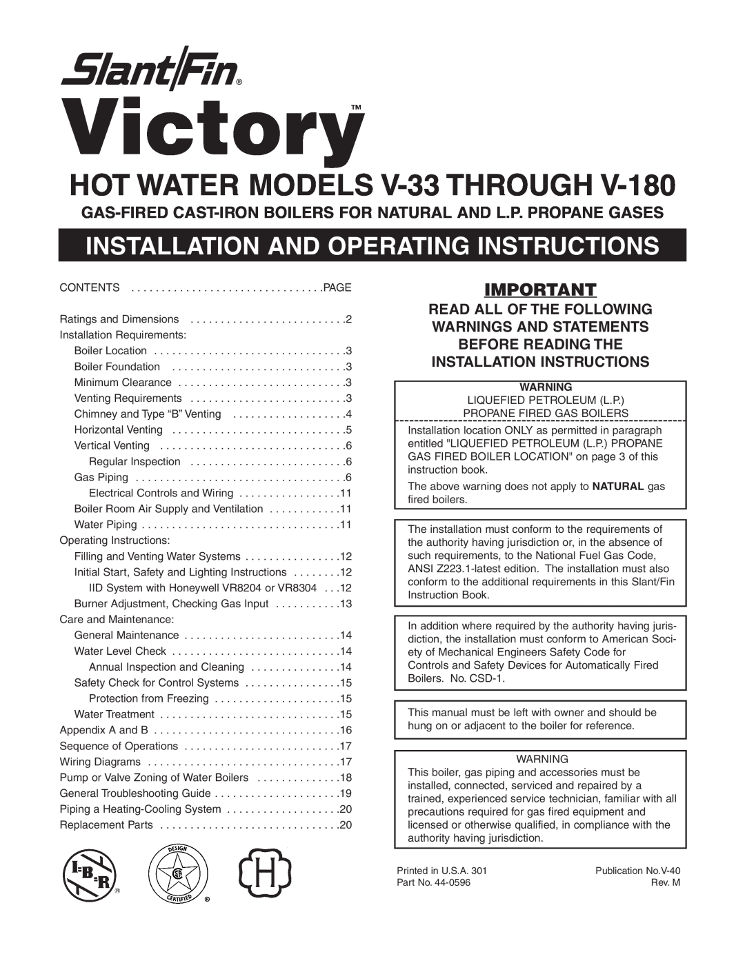 Slant/Fin V-180 operating instructions Victory, HOT WATER MODELS V-33THROUGH 