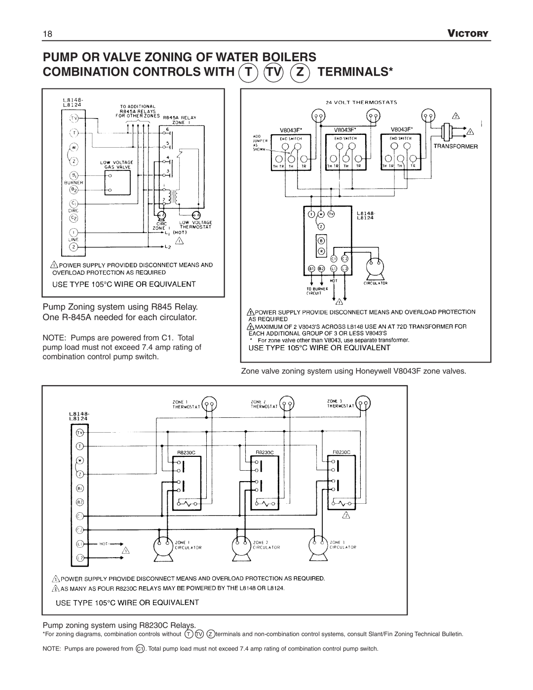 Slant/Fin V-180, V-33 Pump Zoning system using R845 Relay, One R-845Aneeded for each circulator, Terminals 