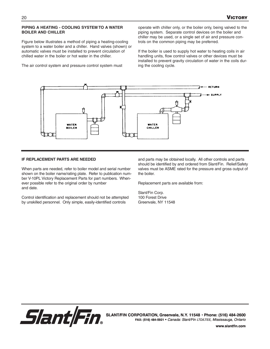 Slant/Fin V-180 Victory, Piping A Heating - Cooling System To A Water, Boiler And Chiller, If Replacement Parts Are Needed 