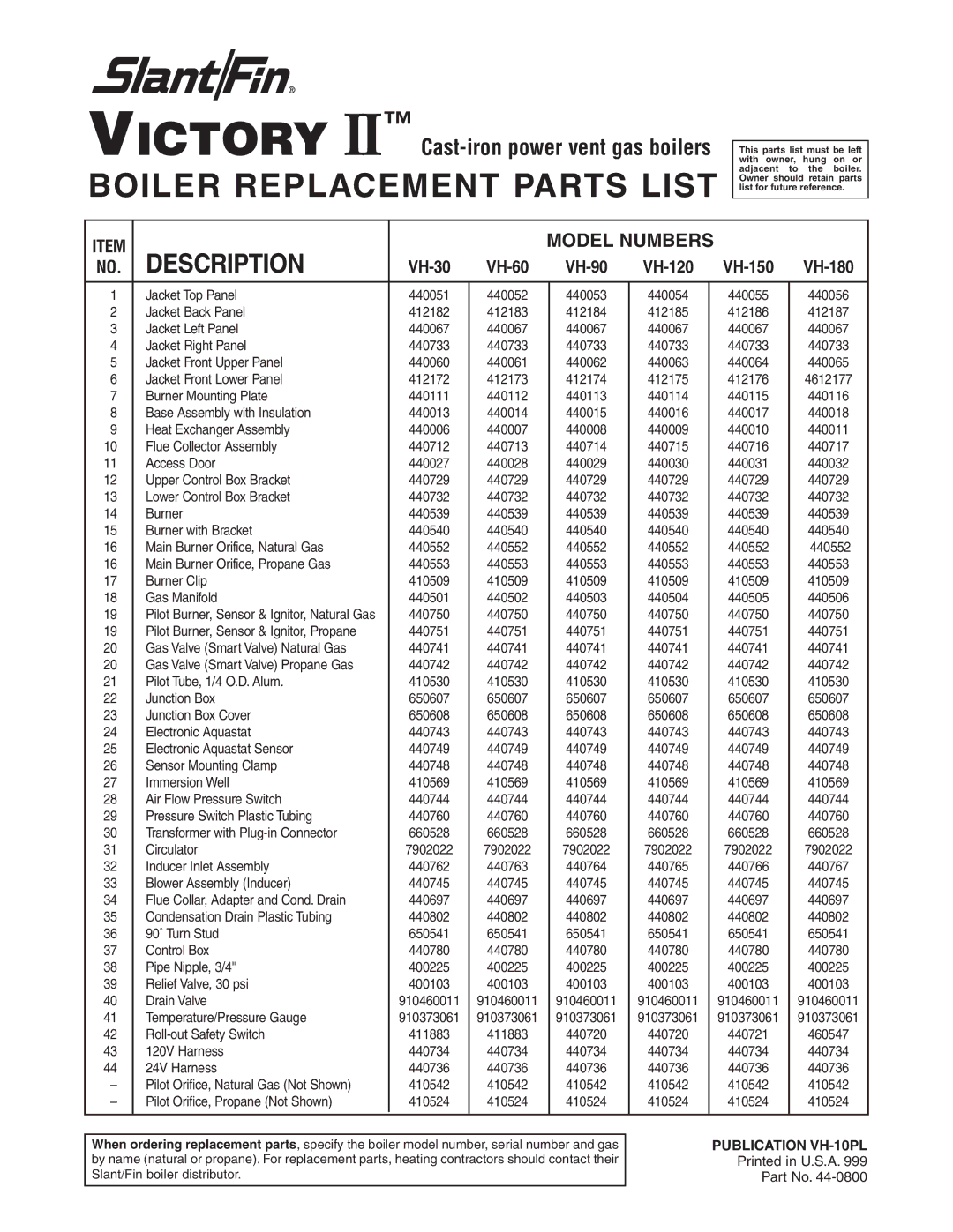 Slant/Fin manual Boiler Replacement Parts List, Description, Model Numbers, VH-30 VH-60 VH-90 VH-120 VH-150 VH-180 