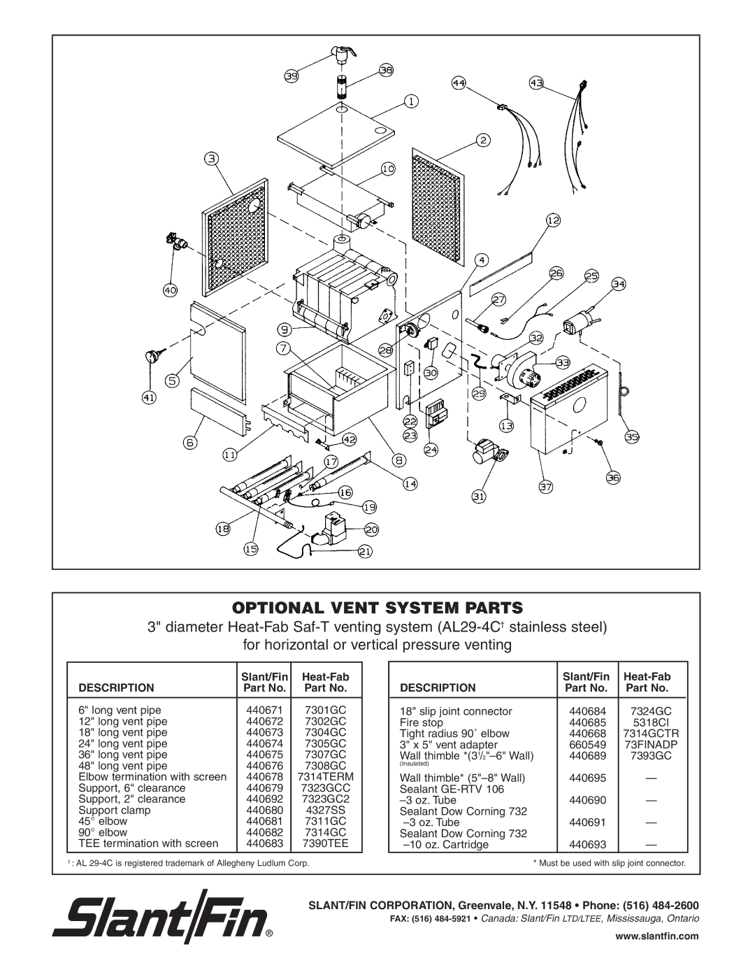 Slant/Fin VH-30, VH-150, VH-90, VH-60, VH-120, VH-180 manual Optional Vent System Parts, Description, 73FINADP 