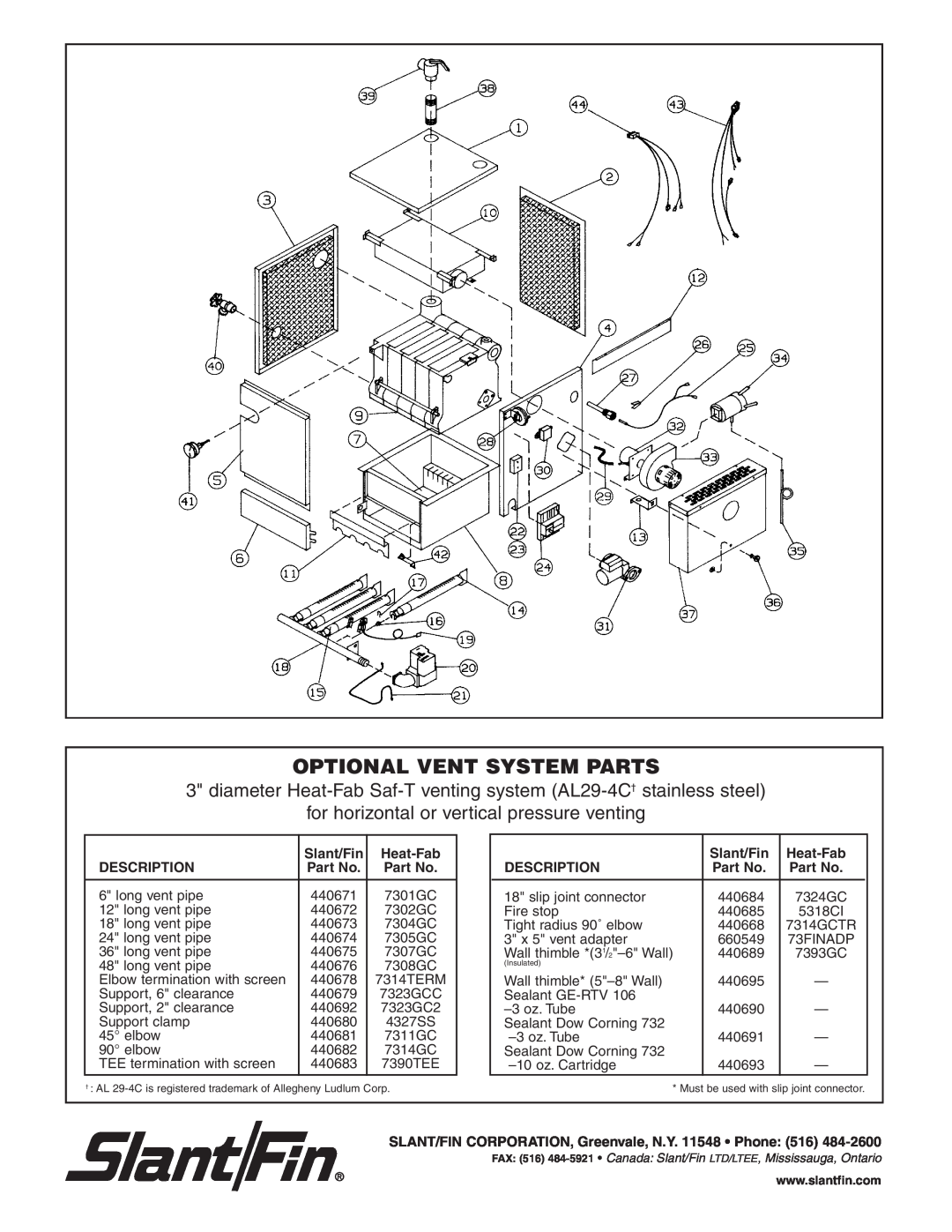 Slant/Fin VH-30, VH-150, VH-90, VH-60, VH-120, VH-180 Optional Vent System Parts, for horizontal or vertical pressure venting 