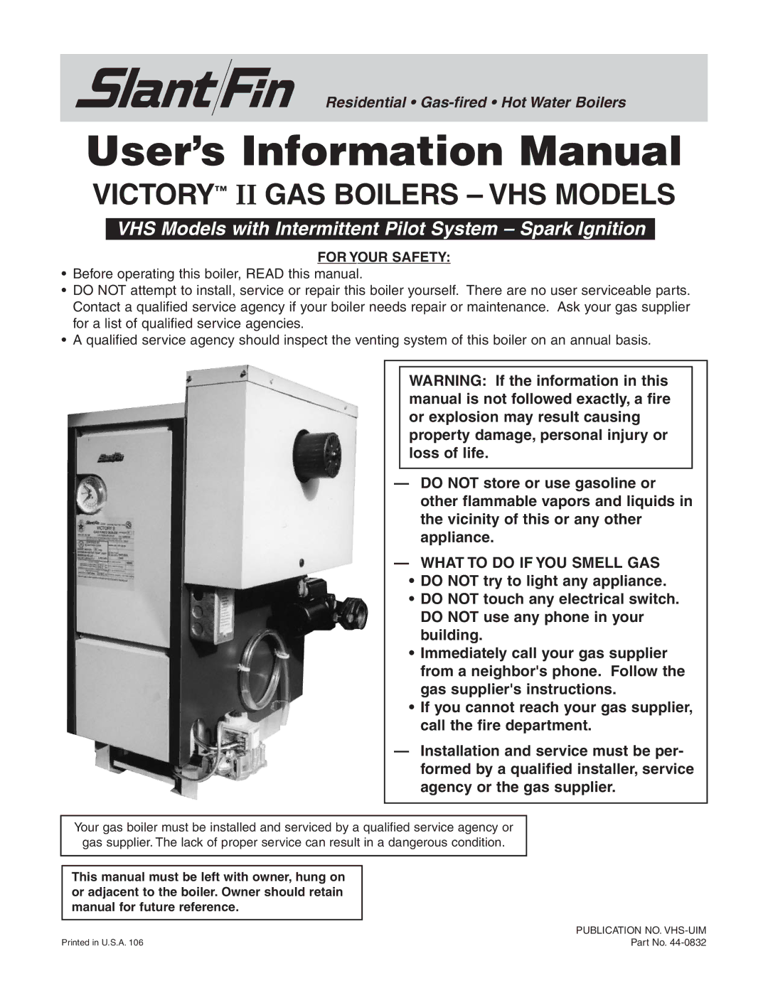 Slant/Fin VHS-120, VHS-150, VHS-90 user service User’s Information Manual, For Your Safety 