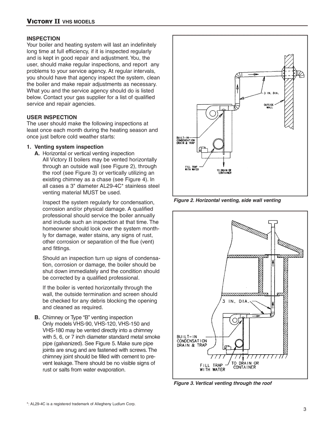 Slant/Fin VHS-150, VHS-120, VHS-90 user service User Inspection, Venting system inspection 