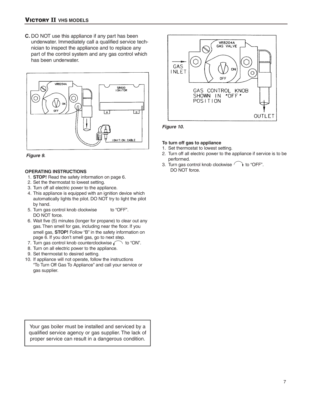 Slant/Fin VHS-120, VHS-150, VHS-90 user service Operating Instructions, To turn off gas to appliance 