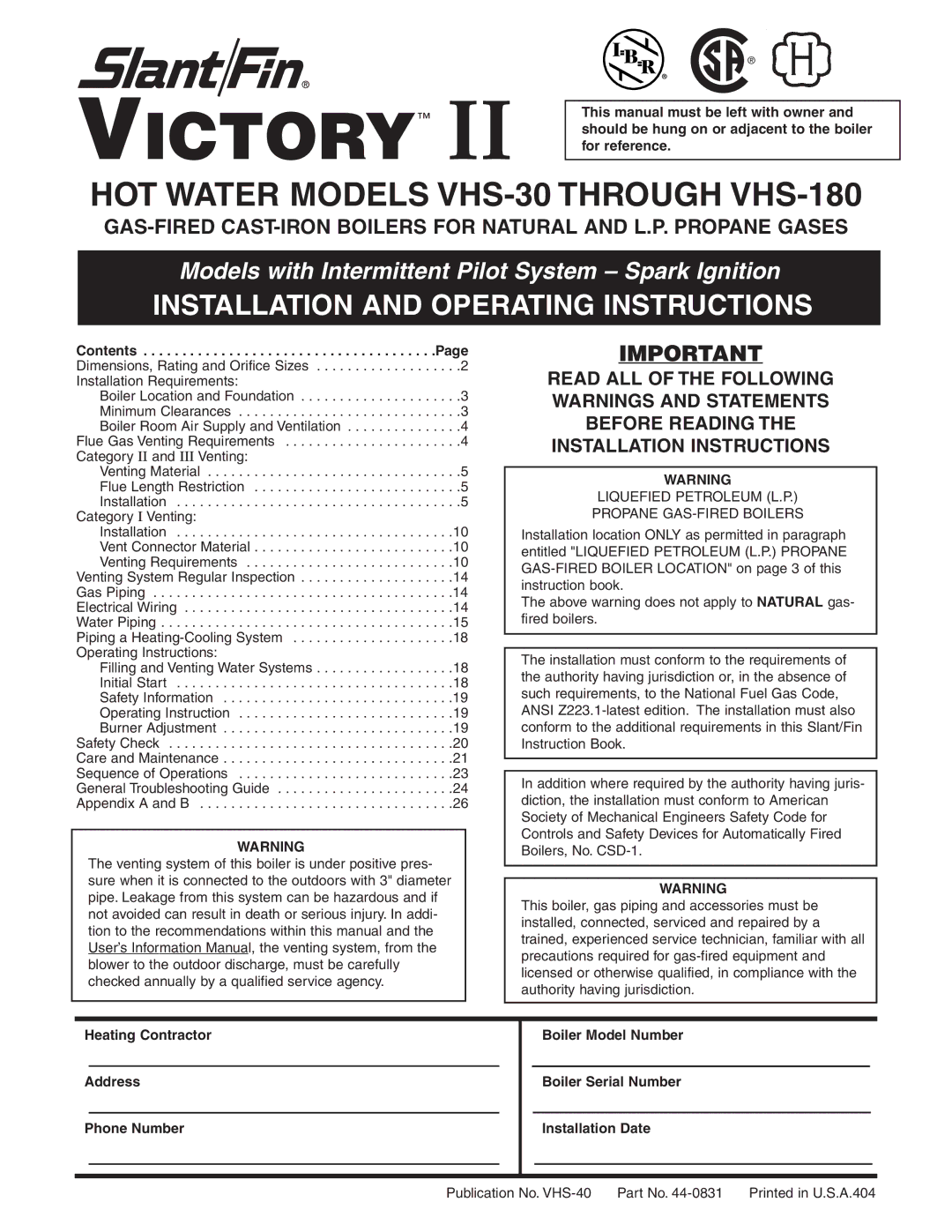 Slant/Fin VHS-180, VHS-30 installation instructions Victory 