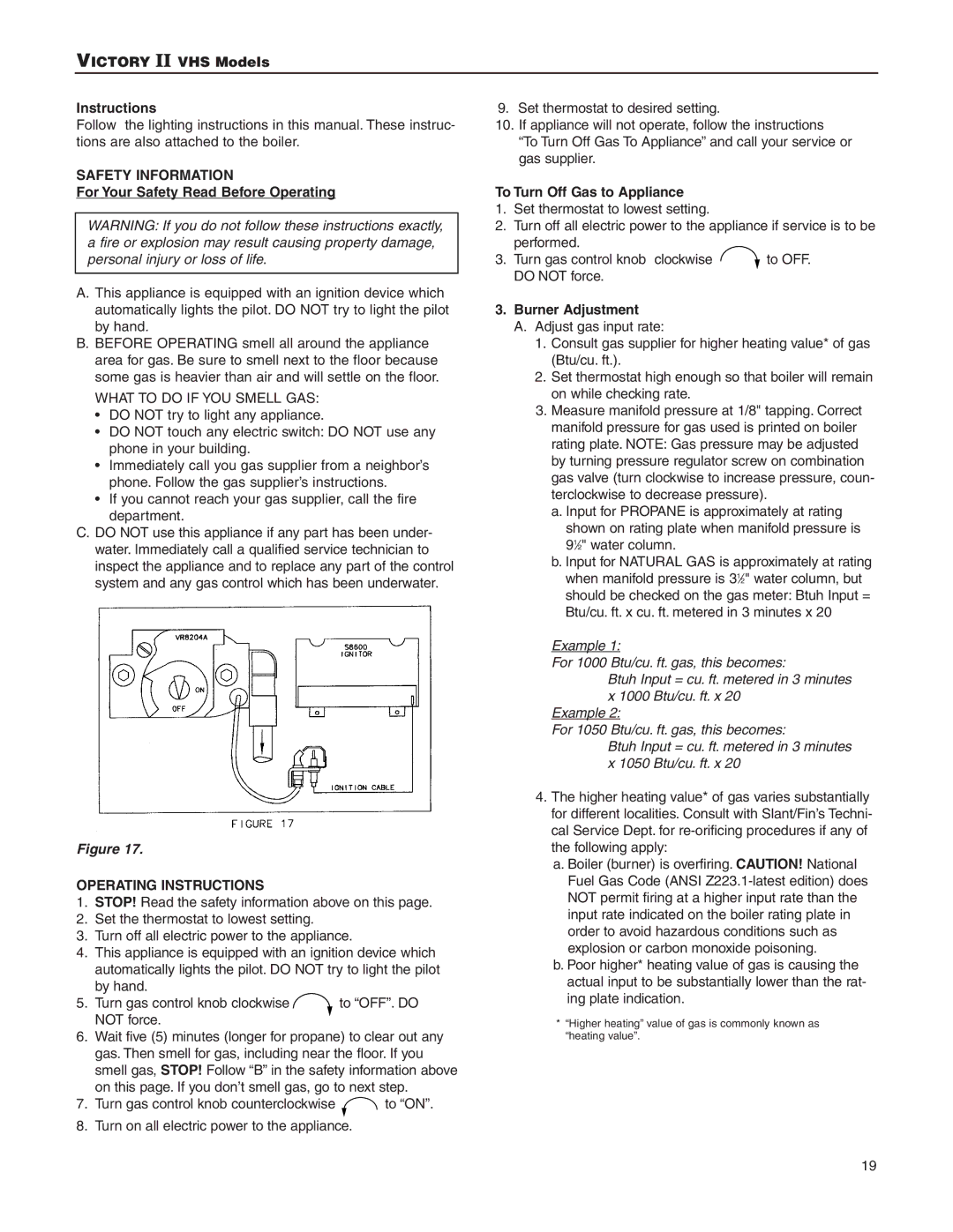 Slant/Fin VHS-180, VHS-30 installation instructions Safety Information, Operating Instructions 