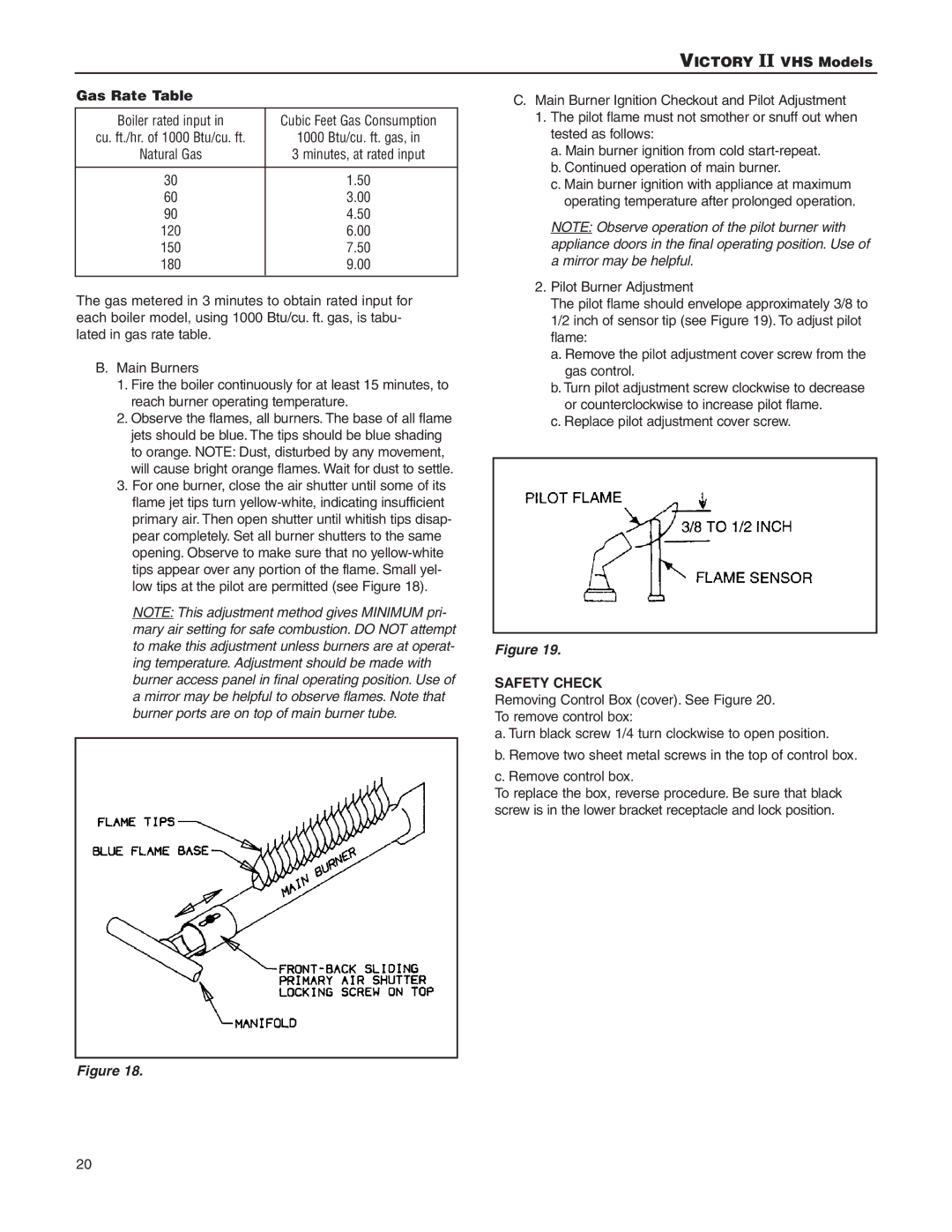 Slant/Fin VHS-30, VHS-180 installation instructions Victory II VHS Models Gas Rate Table, Safety Check 