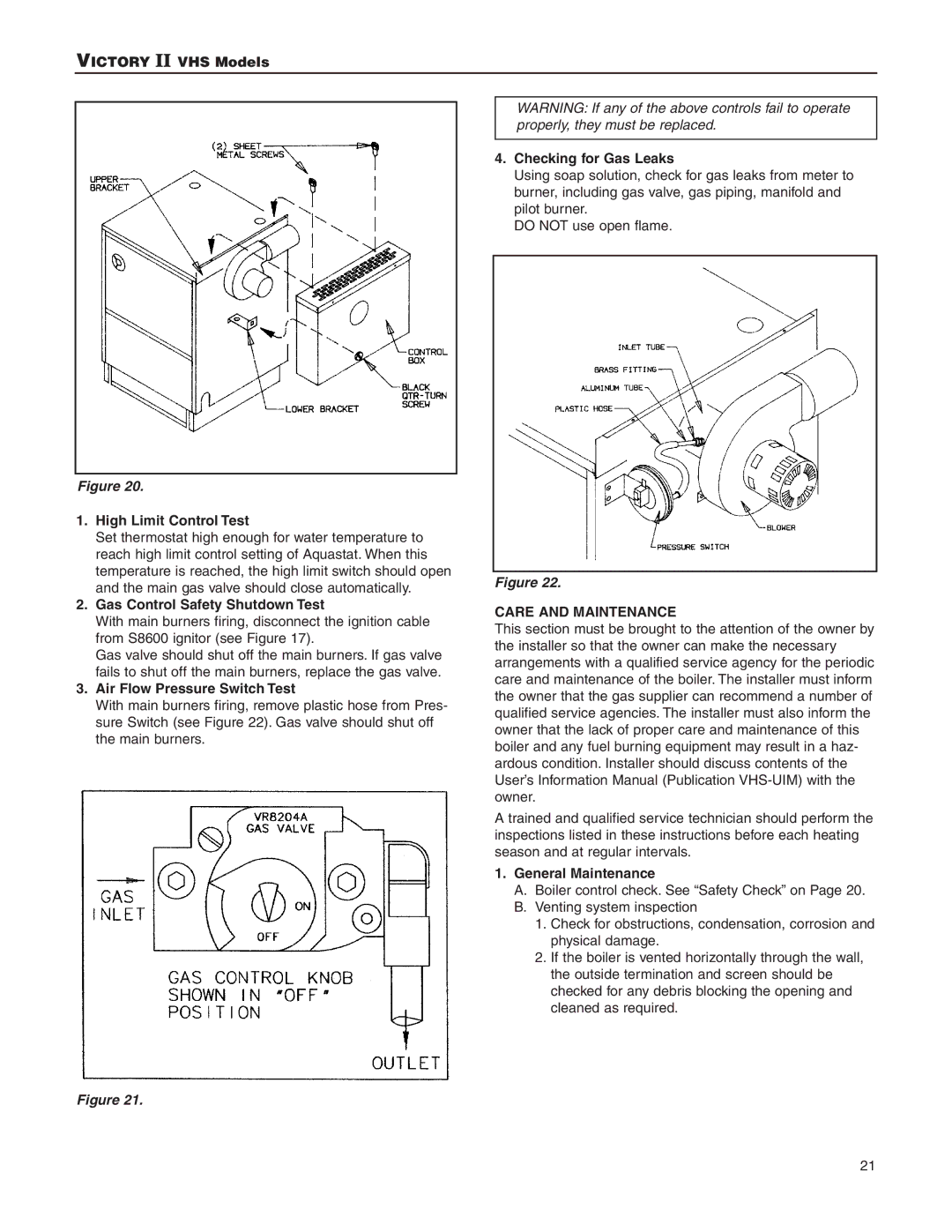 Slant/Fin VHS-180, VHS-30 installation instructions Care and Maintenance 