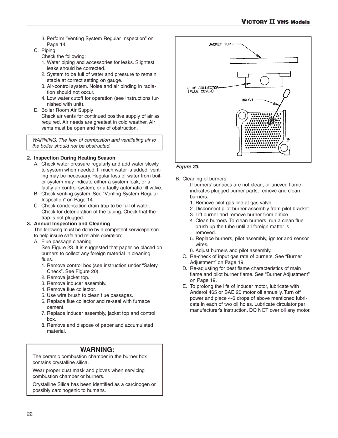 Slant/Fin VHS-30, VHS-180 installation instructions Inspection During Heating Season, Annual Inspection and Cleaning 