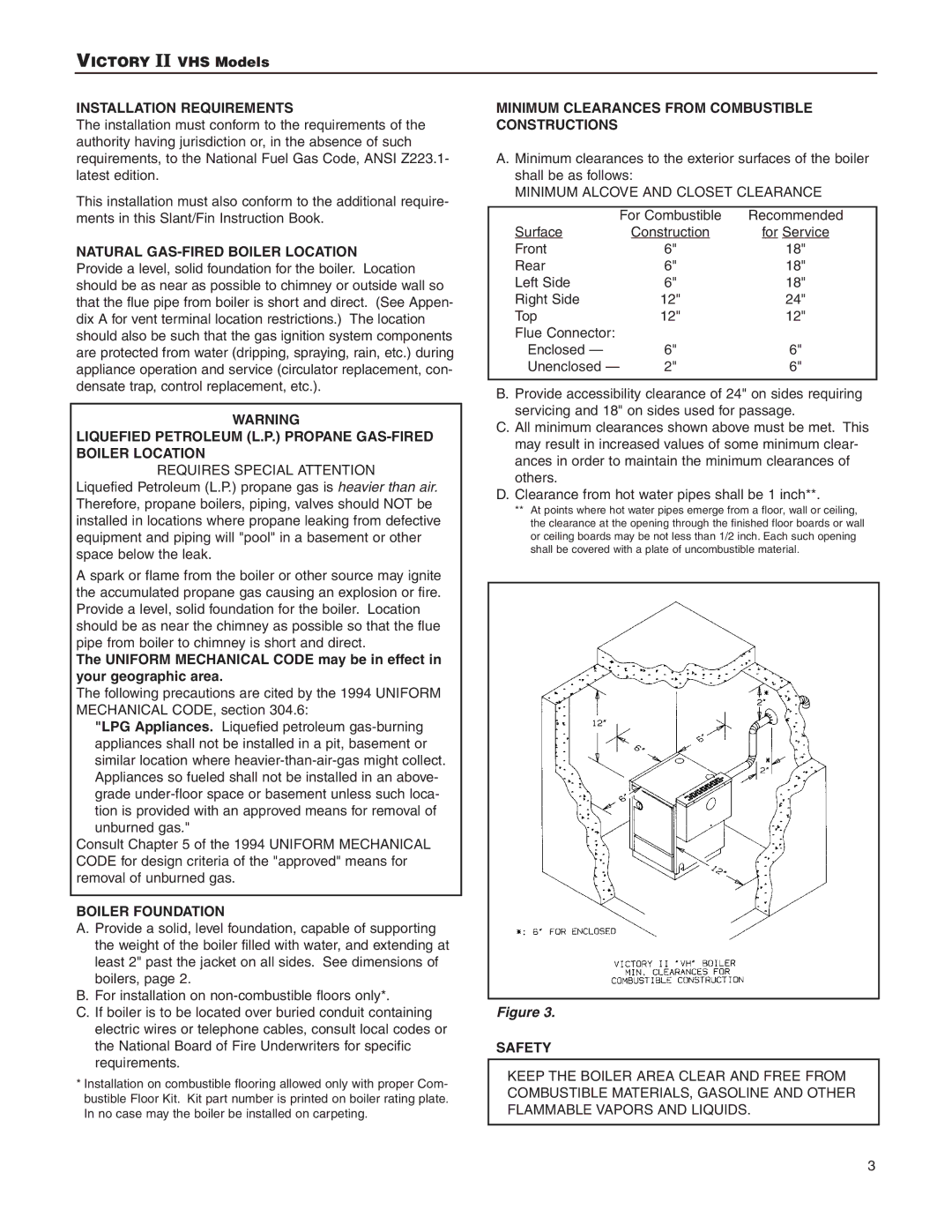 Slant/Fin VHS-180, VHS-30 Installation Requirements, Natural GAS-FIRED Boiler Location, Boiler Foundation, Safety 