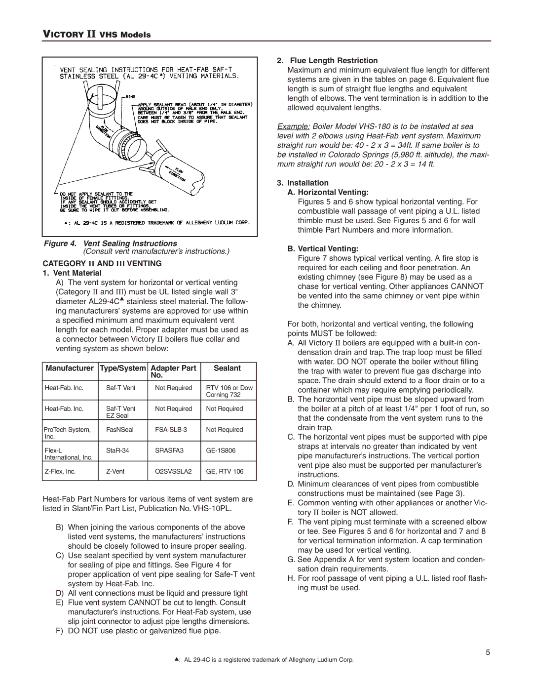 Slant/Fin VHS-180, VHS-30 installation instructions Category II and III Venting 