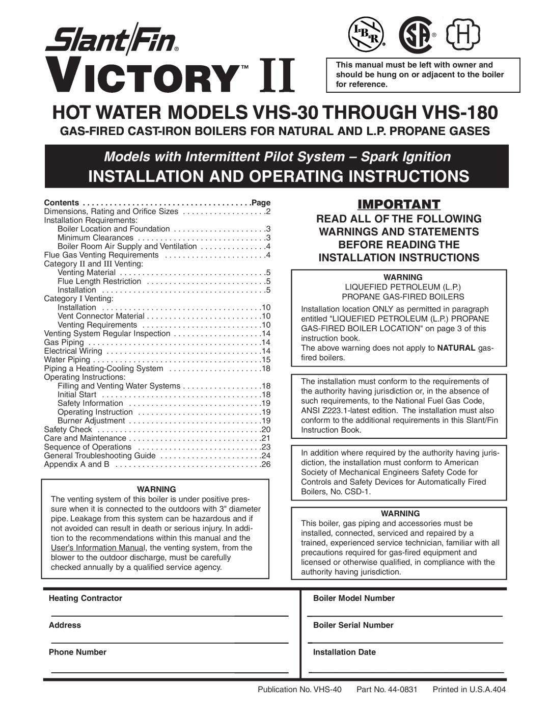 Slant/Fin installation instructions Victory, HOT WATER MODELS VHS-30THROUGH VHS-180 