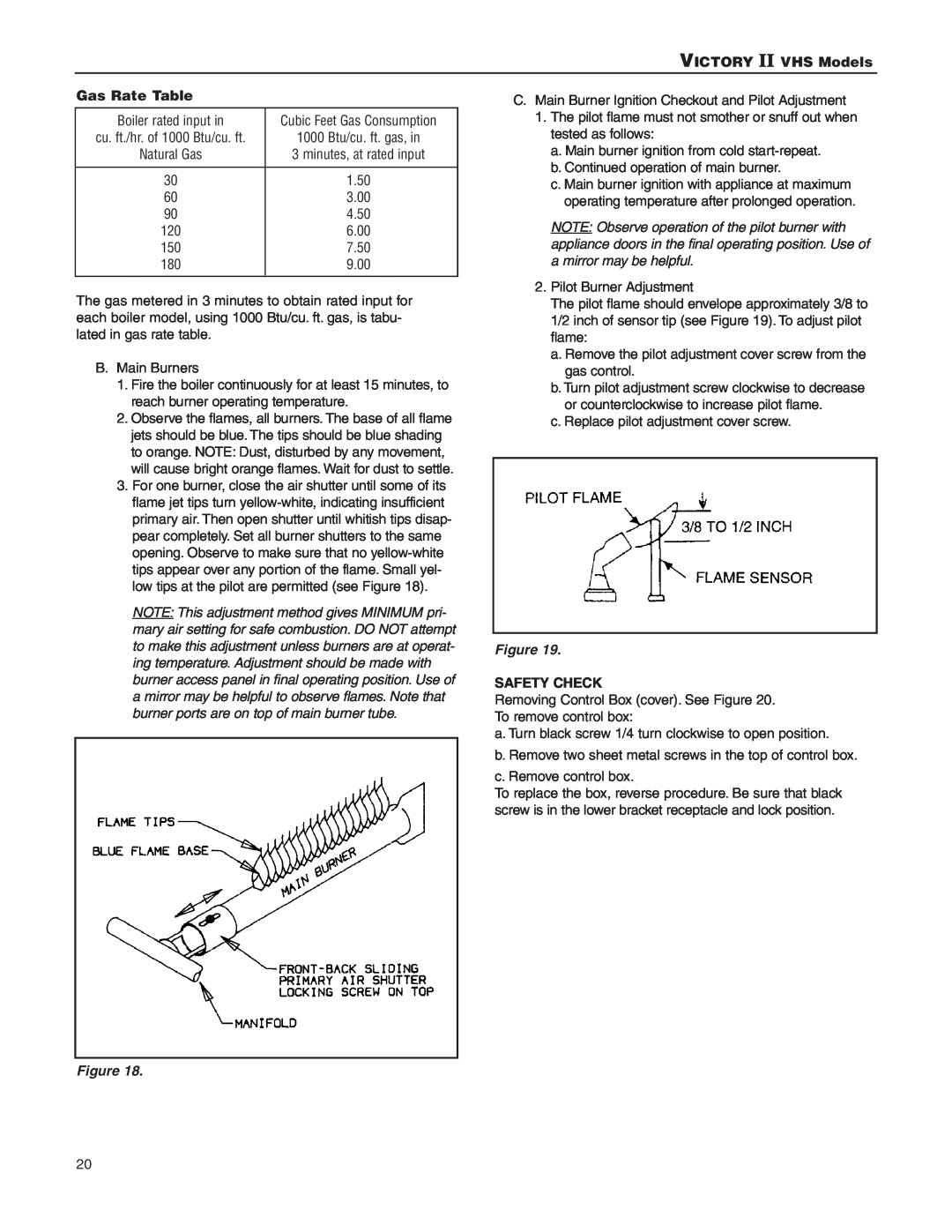Slant/Fin VHS-30, VHS-180 installation instructions VICTORY II VHS Models, Gas Rate Table, Safety Check 