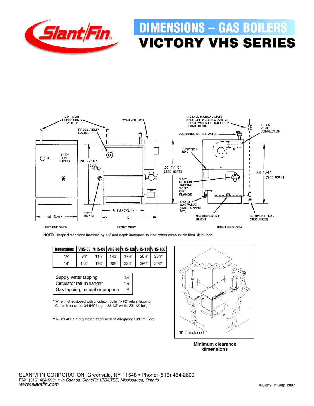 Slant/Fin VHS SERIES dimensions Victory VHS Series, Supply water tapping Circulator return flange 