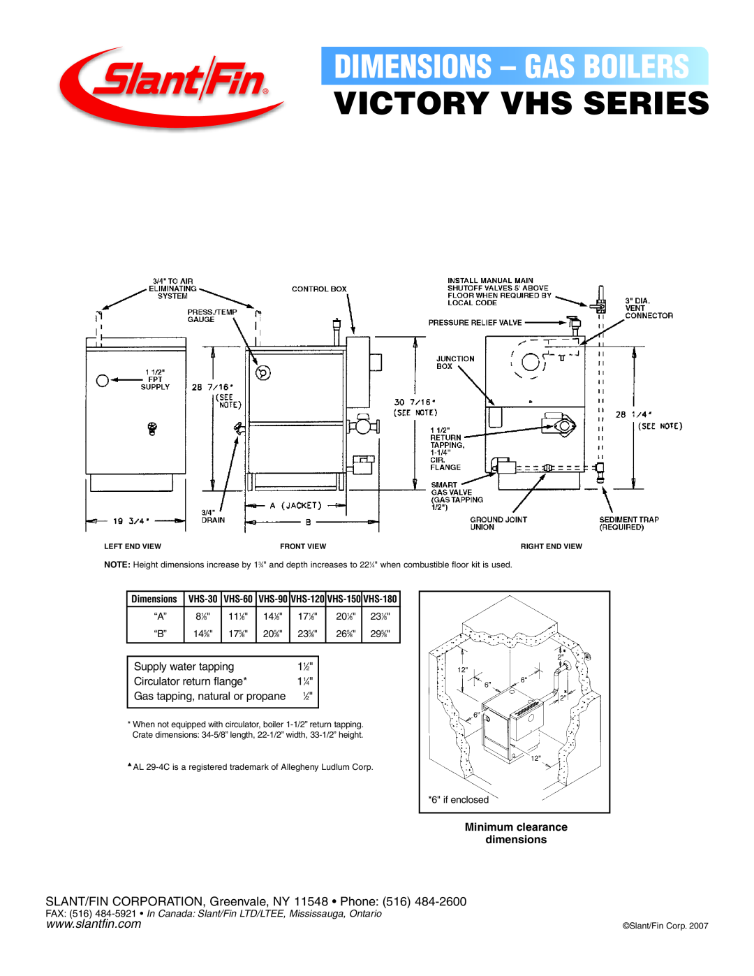 Slant/Fin VHS SERIES dimensions Victory Vhs Series, Dimensions - Gas Boilers, Supply water tapping, 11⁄2, 11⁄4, 201⁄8 
