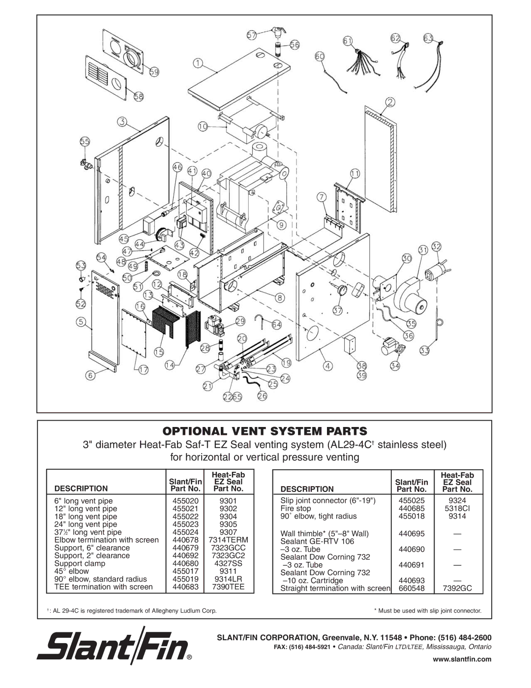 Slant/Fin VSPH-120, VSPH-150, VSPH-90 manual Optional Vent System Parts, Slant/Fin Heat-Fab, Description, EZ Seal 