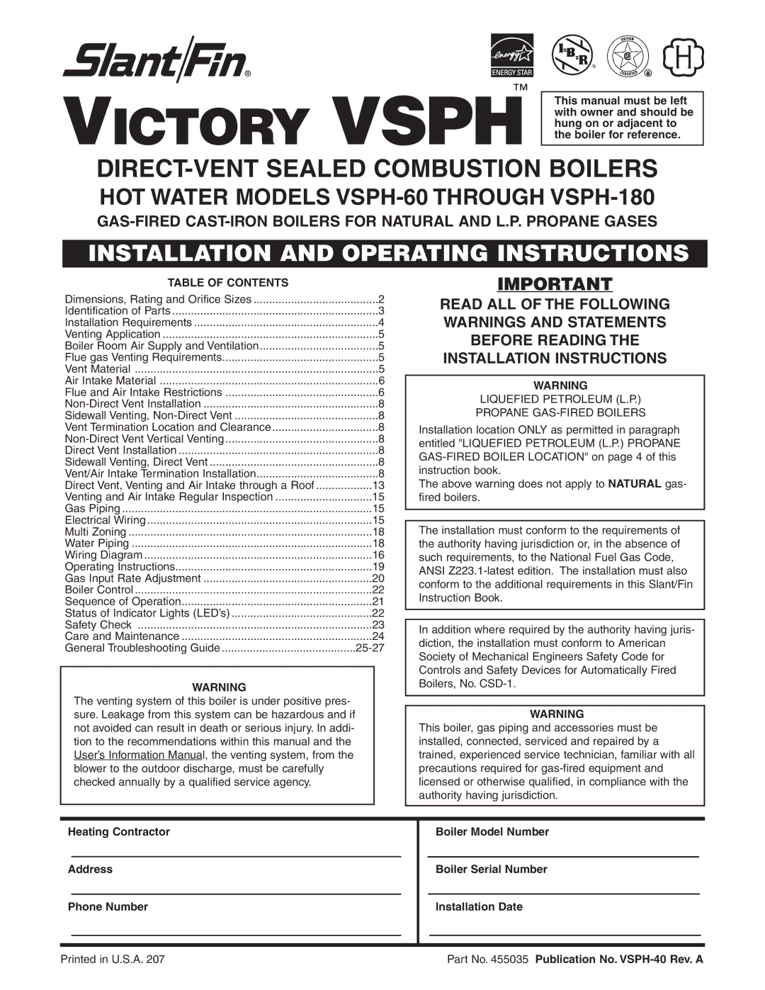 Slant/Fin VSPH-180, VSPH-60 operating instructions Victory Vsph, Table of Contents 