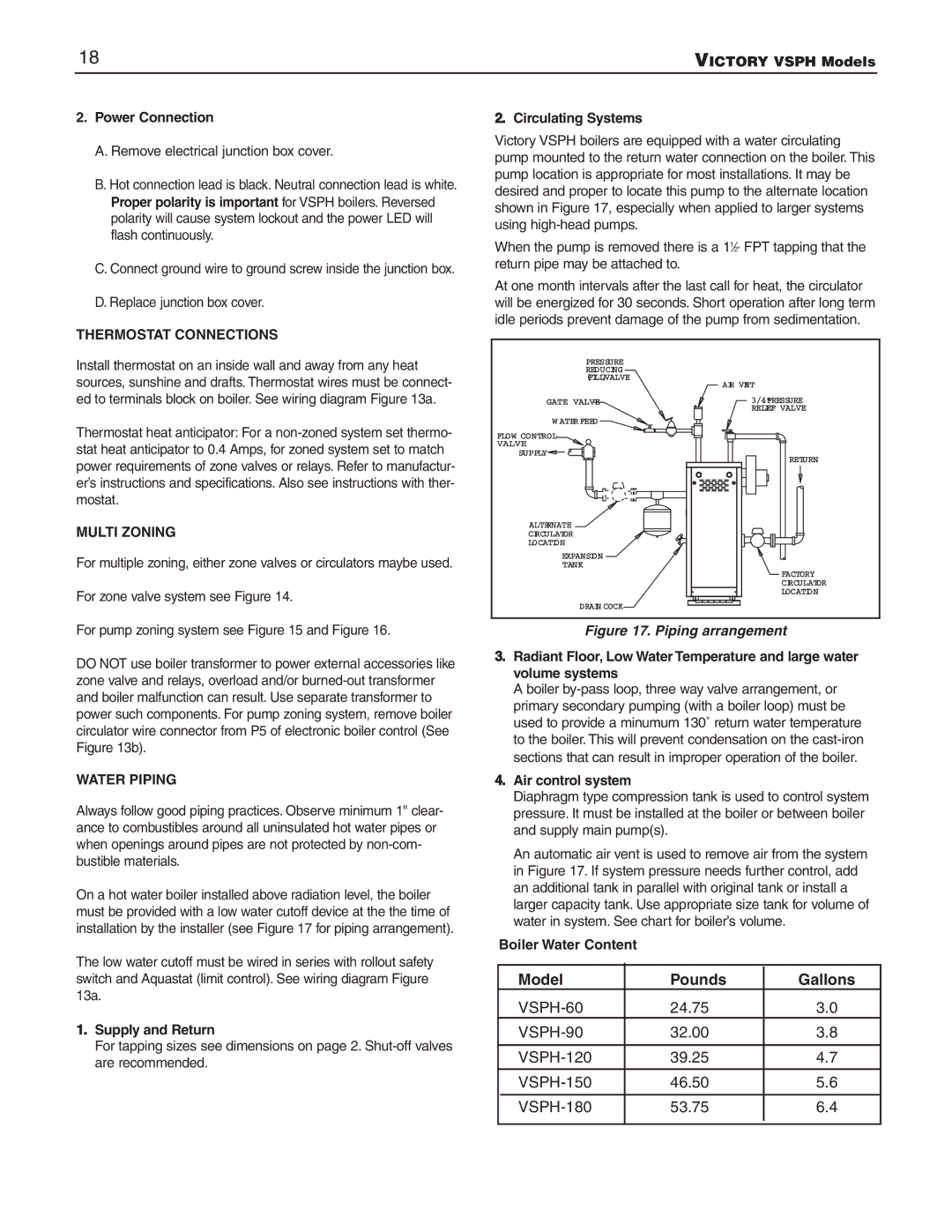 Slant/Fin VSPH-60, VSPH-180 operating instructions Thermostat Connections, Multi Zoning, Water Piping 