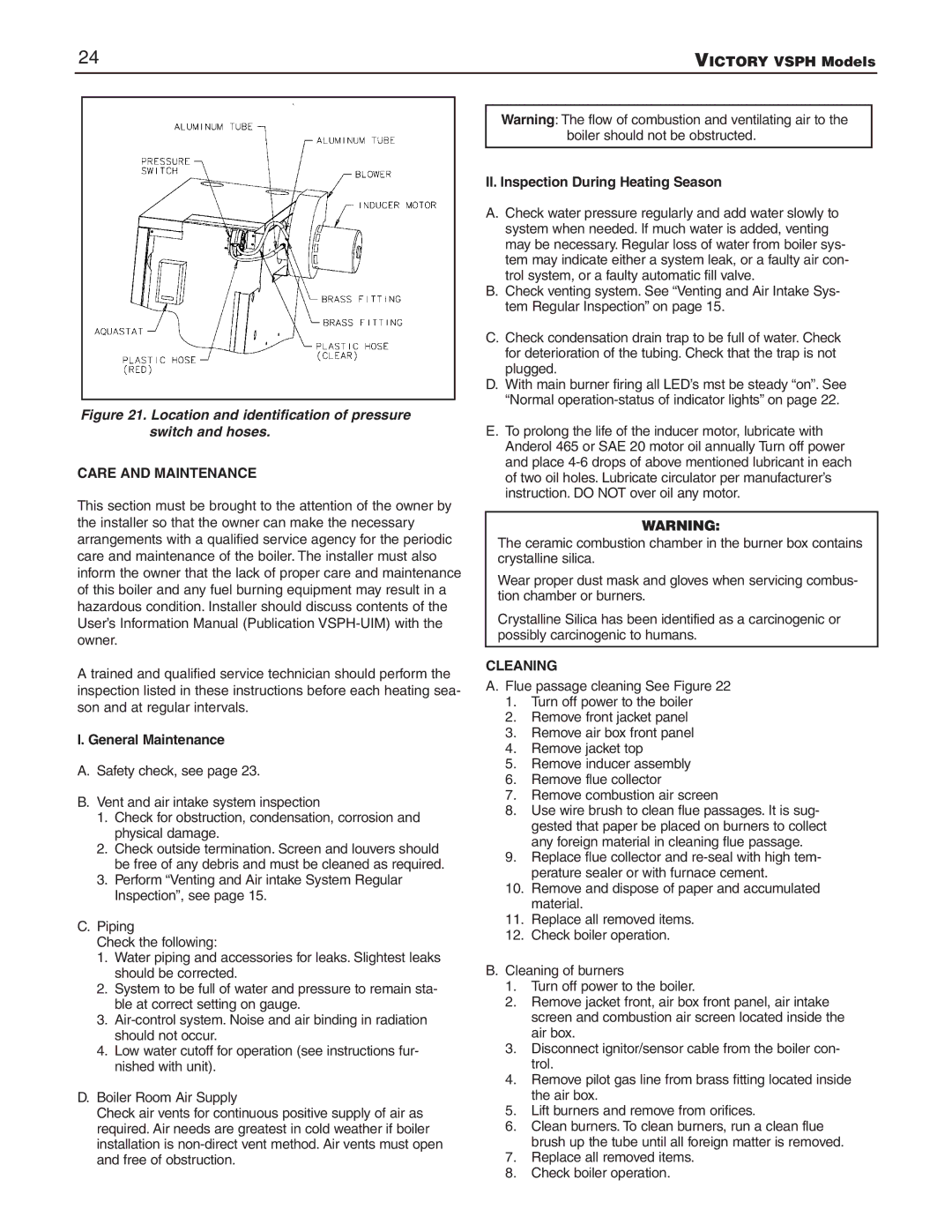 Slant/Fin VSPH-60, VSPH-180 Care and Maintenance, General Maintenance, II. Inspection During Heating Season, Cleaning 