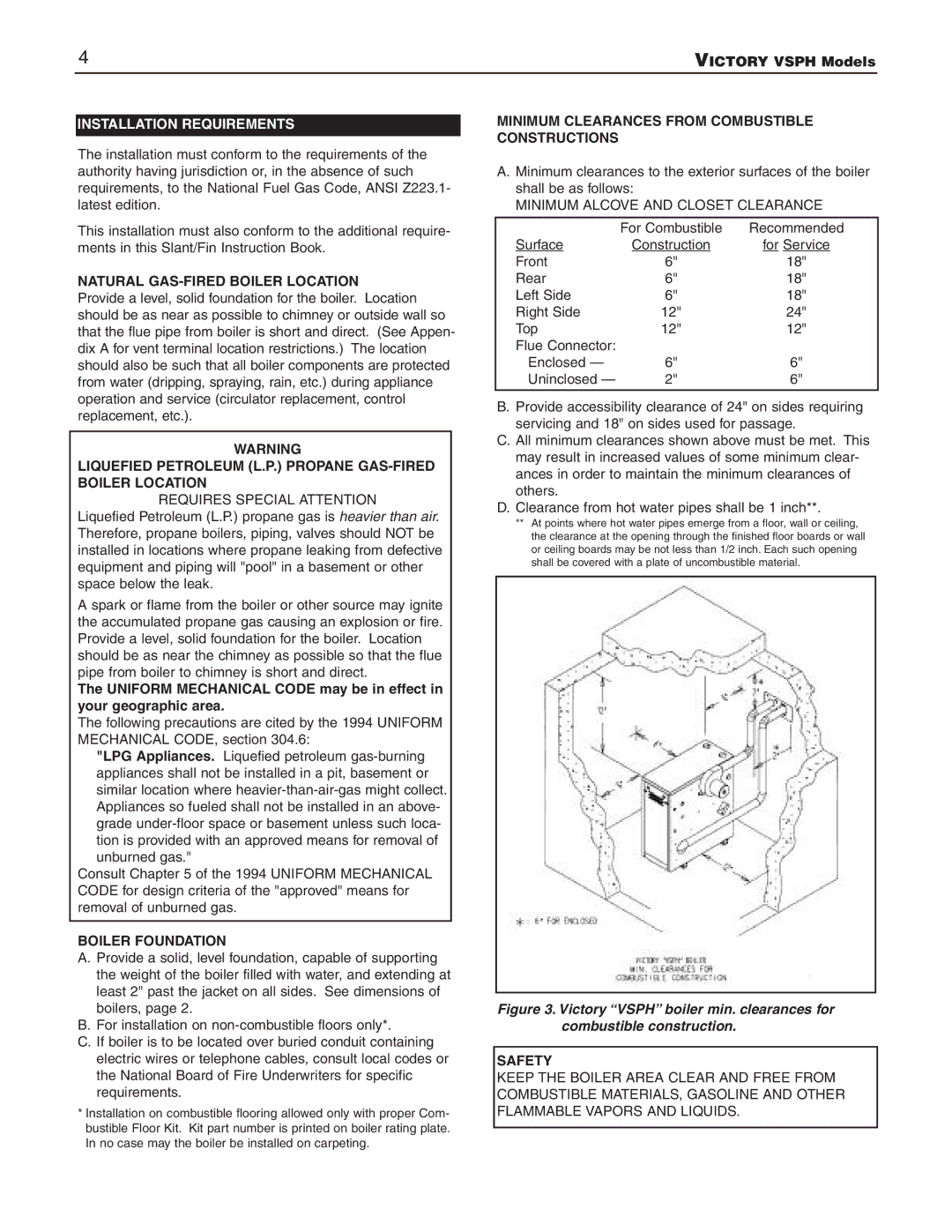 Slant/Fin VSPH-60 Natural GAS-FIRED Boiler Location, Liquefied Petroleum L.P. Propane GAS-FIRED Boiler Location, Safety 