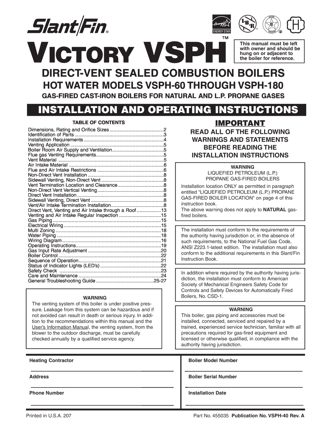 Slant/Fin operating instructions HOT WATER MODELS VSPH-60 THROUGH VSPH-180, Victory Vsph, Table Of Contents, Address 