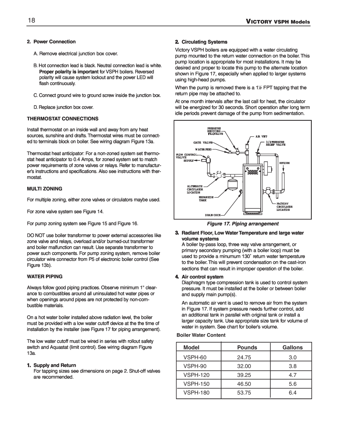 Slant/Fin VSPH-60, VSPH-180 operating instructions Model, Pounds, Gallons, Piping arrangement 