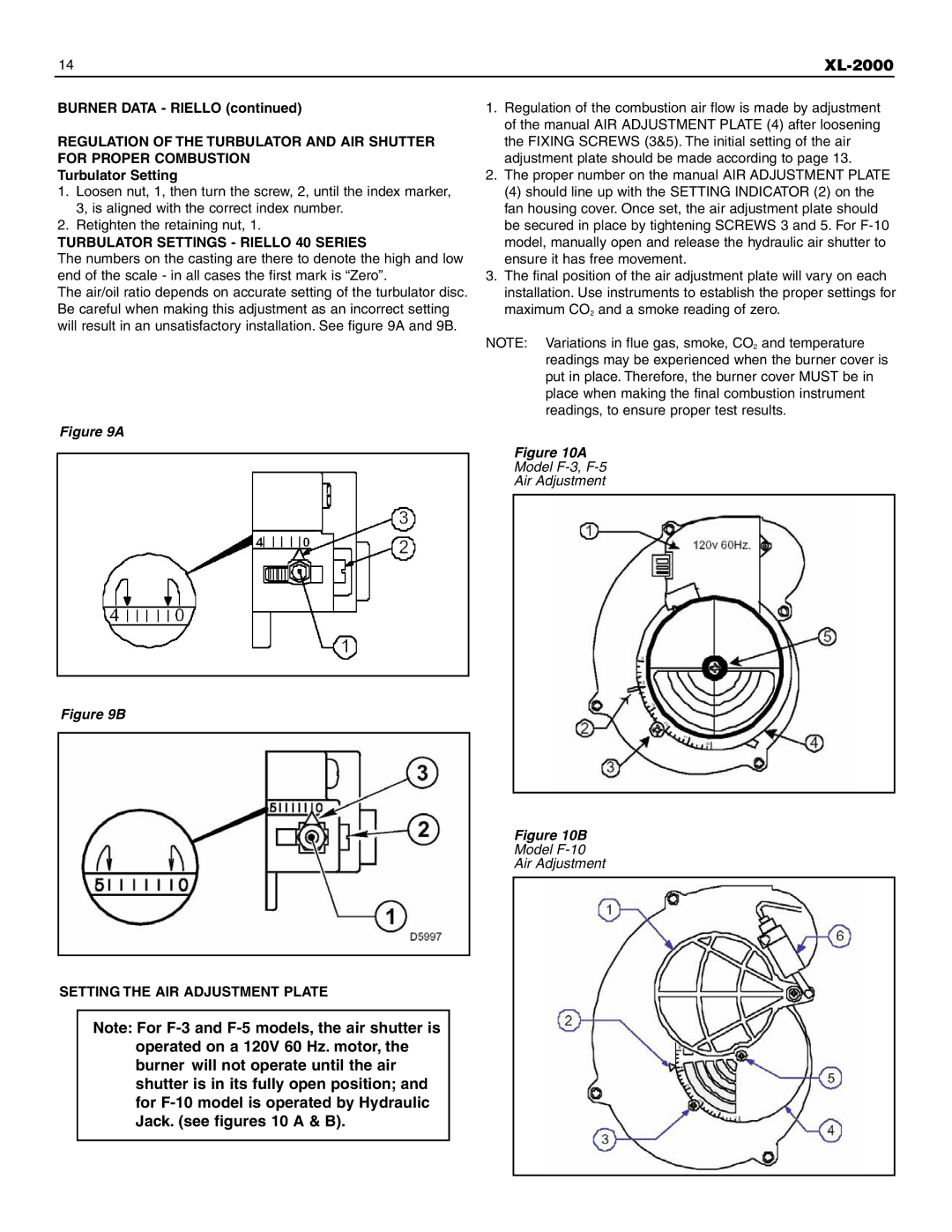 Slant/Fin XL-2000 dimensions Burner Data Riello, Turbulator Settings Riello 40 Series, Setting the AIR Adjustment Plate 