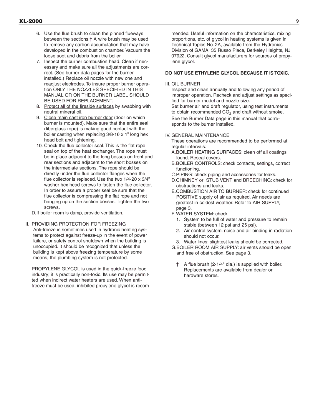 Slant/Fin XL-2000 dimensions Do not USE Ethylene Glycol Because IT is Toxic, III. OIL Burner, IV. General Maintenance 